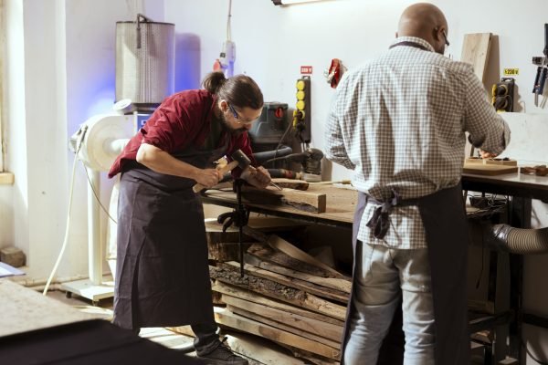 Manufacturer carving designs into wood using chisel and hammer, wearing safety glasses to avoid injury. Artisan shaping wooden pieces using protective equipment to prevent workplace accidents